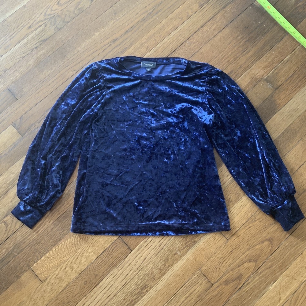 ModCloth Crushed Velvet Bishop Sleeve Sz L Top Royal Blue Whimsigoth Steampunk